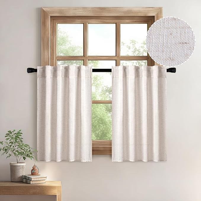 MIULEE Natural Linen White Kitchen Curtain 30 Inch Long 2 Panels Farmhouse