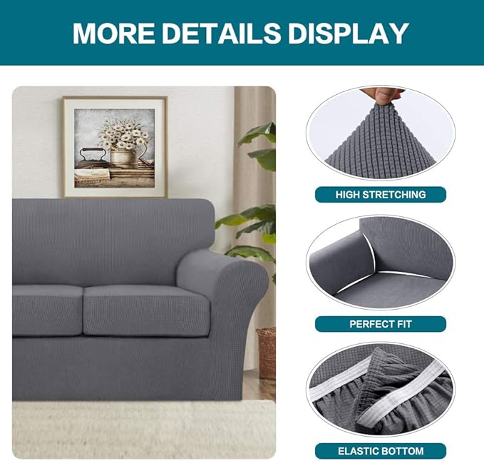 Turquoize 3 Piece Sofa Covers for 2 Cushion Couch Sofa Slipcover Soft Couch Cover for Dogs-Washable Sofa Furniture Covers with 2 Individual Cushion Covers, Feature Thick Fabric (2 Cushion Sofa, Gray)