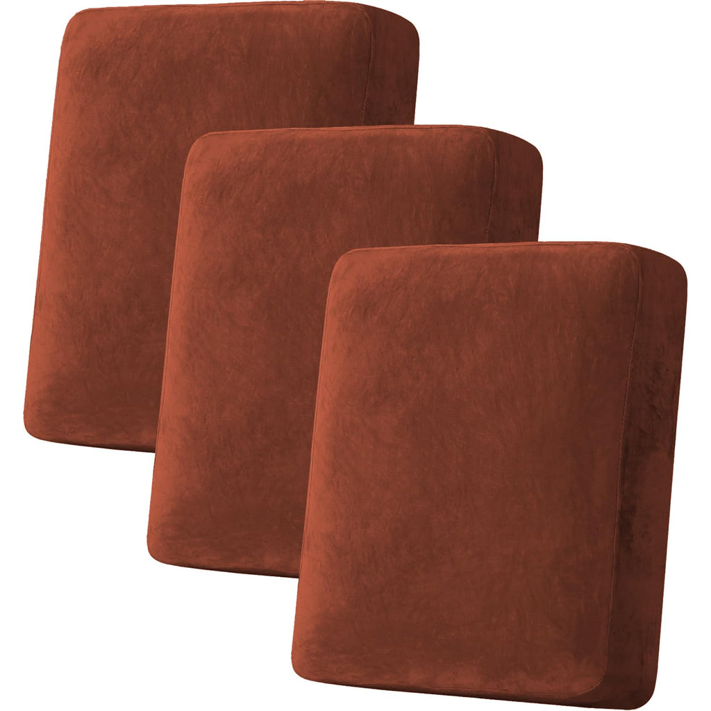 H.VERSAILTEX Velvet Stretch Couch Cushion Cover Plush Cushion Slipcover for Chair Loveseat Sofa Cushion Furniture Protector Seat Cushion Sofa Cover (3 Piece Sofa Cushion Covers, Rust)