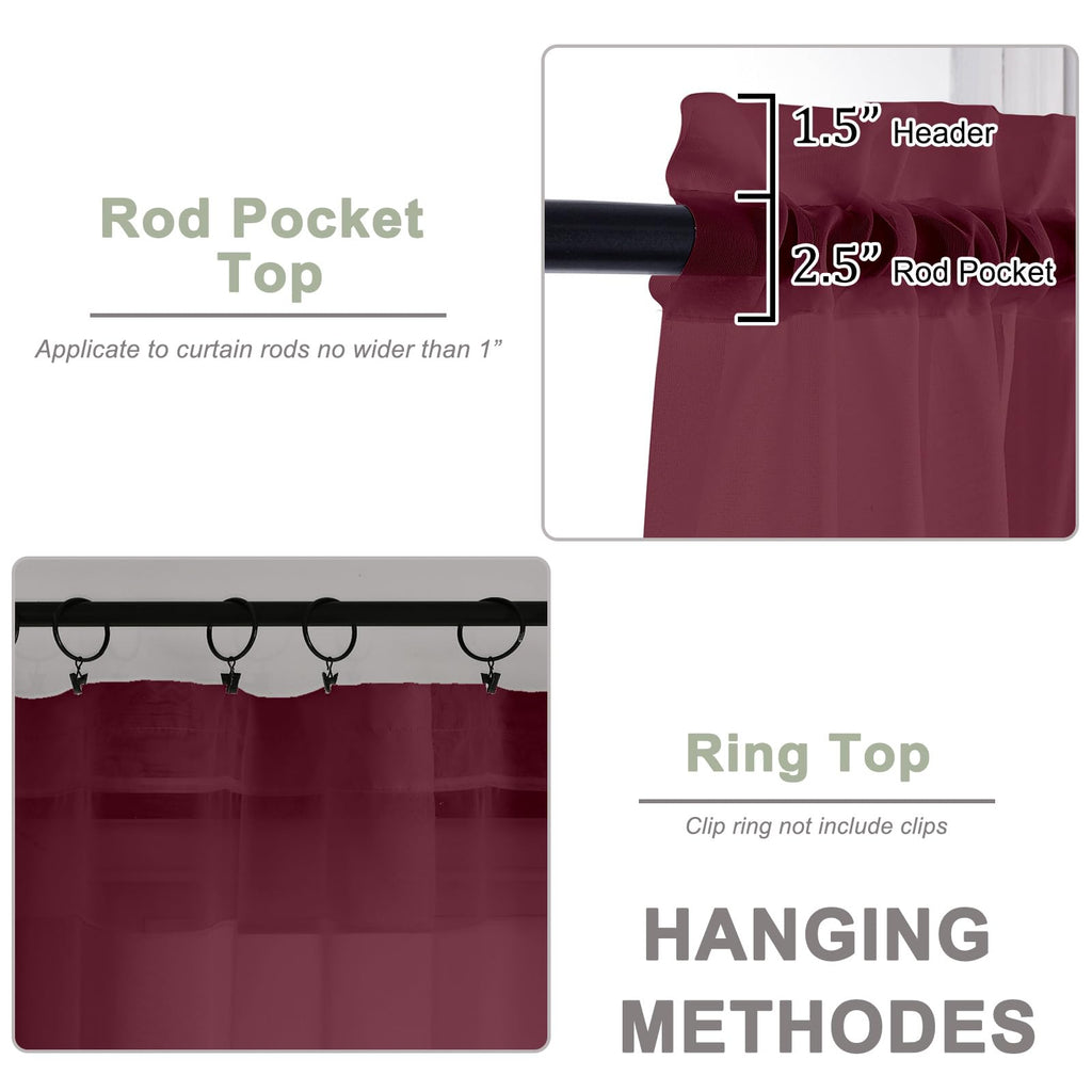 OWENIE Sheer Curtains 2 Panels Set for Bedroom Living Room, Soft Solid Rod Pocket Light Filtering Window Treatment, 2Pcs Each 59" W x 96" L, Burgundy Wine