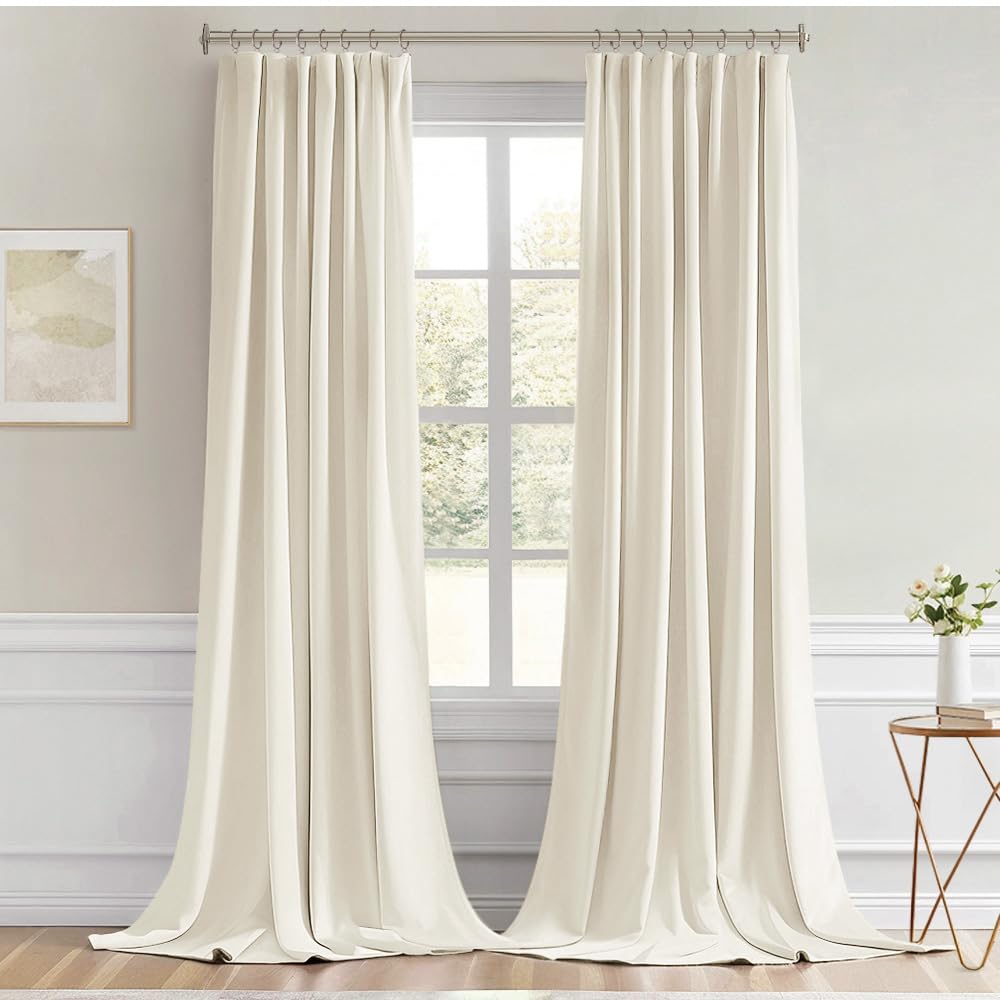 MIULEE Beige White Back Tab Blackout Curtains 52x102 Inch Long 2 Panels Set