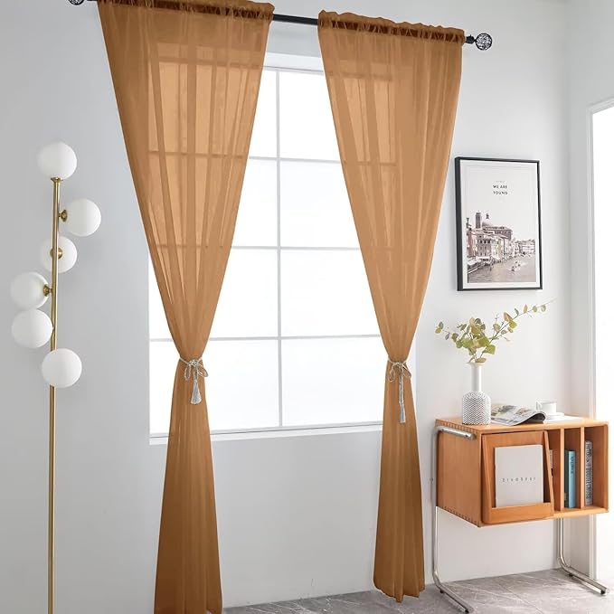 SpaceDresser Basic Rod Pocket Sheer Voile Window Curtain Panels Light Brown 1 Pair 2 Panels 52 Width 90 Inch Long for Kitchen Bedroom Children Living Room Yard（Light Brown, 52W x 90L）