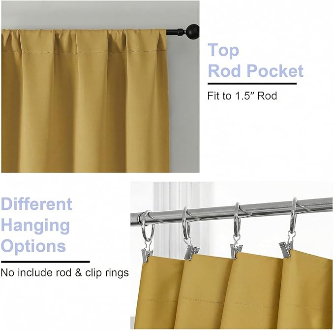Simplebrand Ava Bright Gold Blackout Curtains for Bedroom 72 Inch Length 2 Panels Set, Privacy Thermal Insulated Rod Pocket Door Window Curtains for Patio French Door Front Door, W40 x L72 Inch