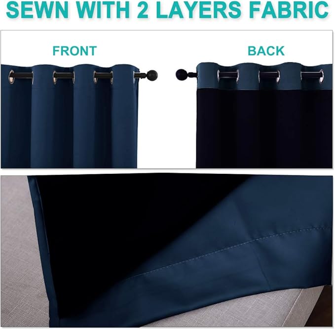 NICETOWN Complete 100% Blackout Curtain Set, Thermal Insulated & Energy Efficiency Window Draperies for Guest Room, Full Shading Panels for Shift Worker and Light Sleepers, Navy Blue, 46W x 90L, 2 Pcs