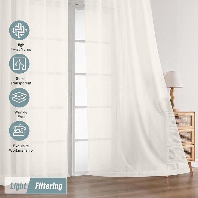 Ebesto Ivory Sheer Curtains for Windows 108 inches Long 2 Panels Set, Soft Lightweight Light Filtering Drapes for Living Room Bedroom, Dual Rod Pocket Sheer Curtains, 2x42Wx108L inches