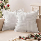 MIULEE Decorative Throw Pillow Covers for Couch Bed Livingroom 16x16 Inch Set of 2 White Boho Accent Throw Pllows Broadside Striped Patchwork Soft Corduroy Pillowcases