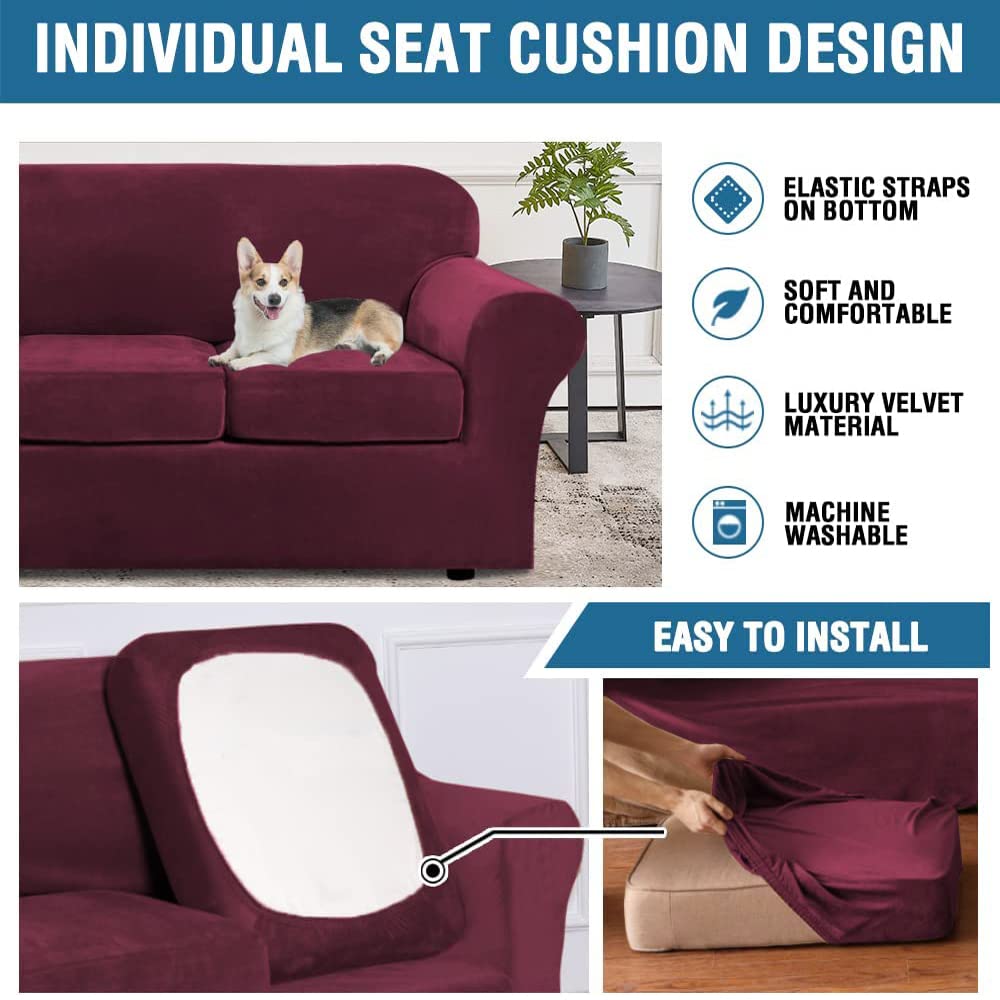 H.VERSAILTEX Real Velvet Plush 3 Piece Stretch Sofa Covers Couch Covers for 2 Cushion Couch Loveseat Covers Width Up to 72 Inch Feature Thick Soft Stay in Place (Medium Sofa, Burgundy)