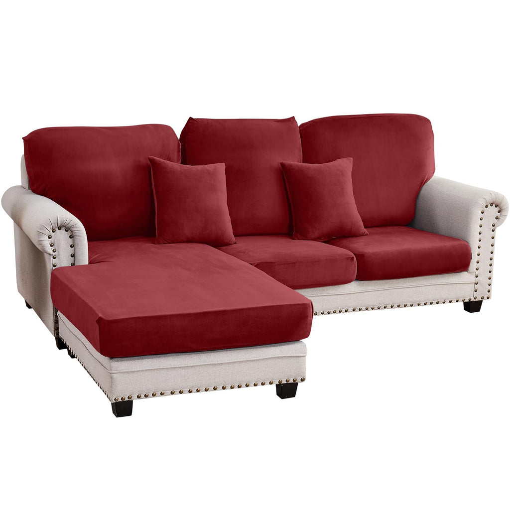 Taque Couch Cover 3-Piece Elastic Velvet Couch Cushion Covers & Chaise Slipcovers for L-Shaped Sofas, Sofa Seat Covers Washable, Soft Cover for Couches (2 Seater + Chaise, Christmas Red)