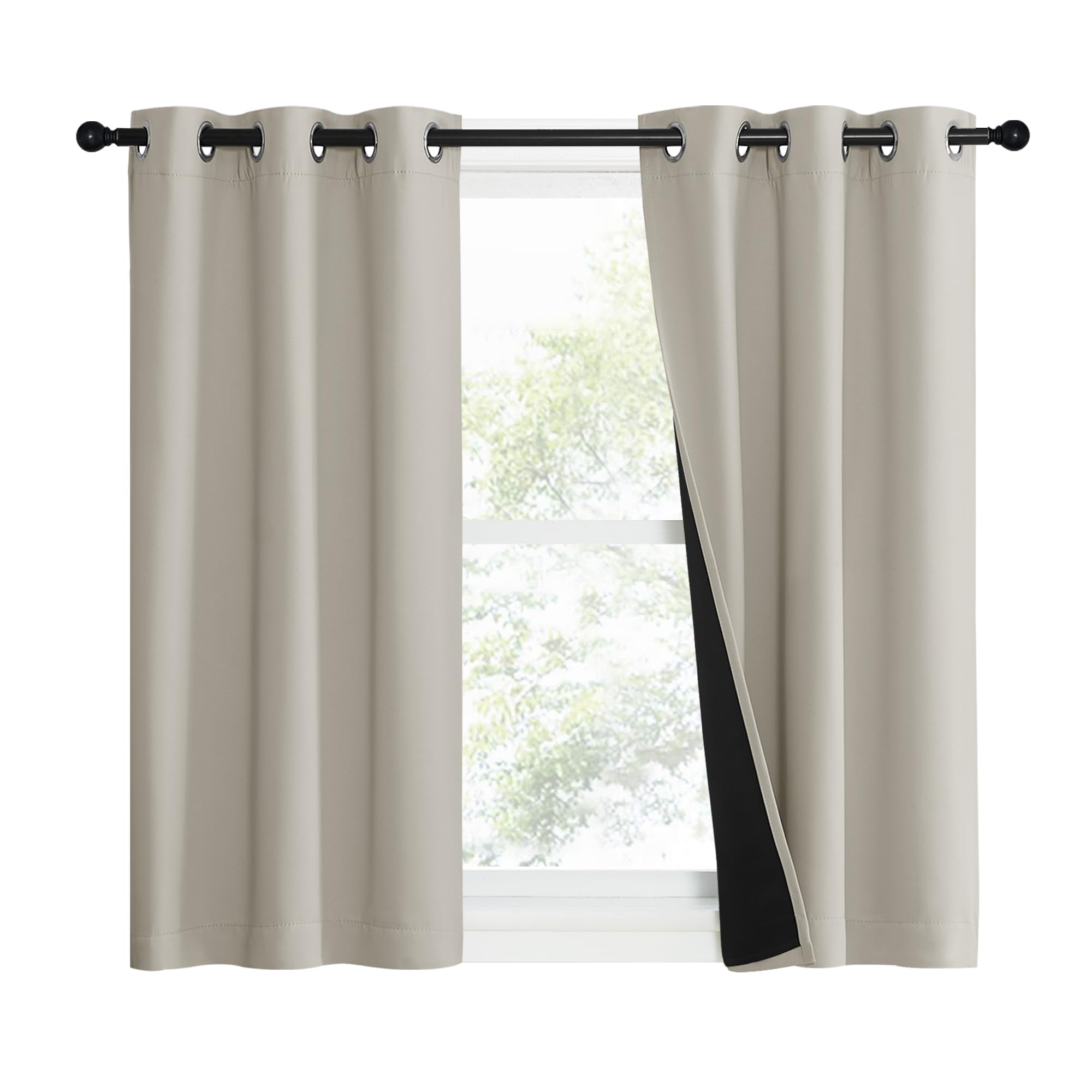 NICETOWN Natural 100% Blackout Lined Curtains, 1 Pair, 37" Width x 50" Length Each Panel, 2 Thick Layers Narrow Wide Window Treatment Panels Thermal Insulated Drapes for Kitchen Small Window