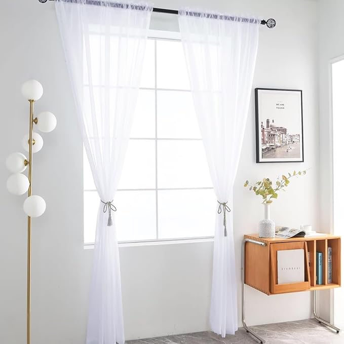 SpaceDresser Optical White Sheer Curtains 4 Panels Rod Pocket Semi-Sheer Curtain 45 Inches Long Light Filtering Voile Window Drapes for Bedroom Living Room Kitchen, Each 52W x 45L