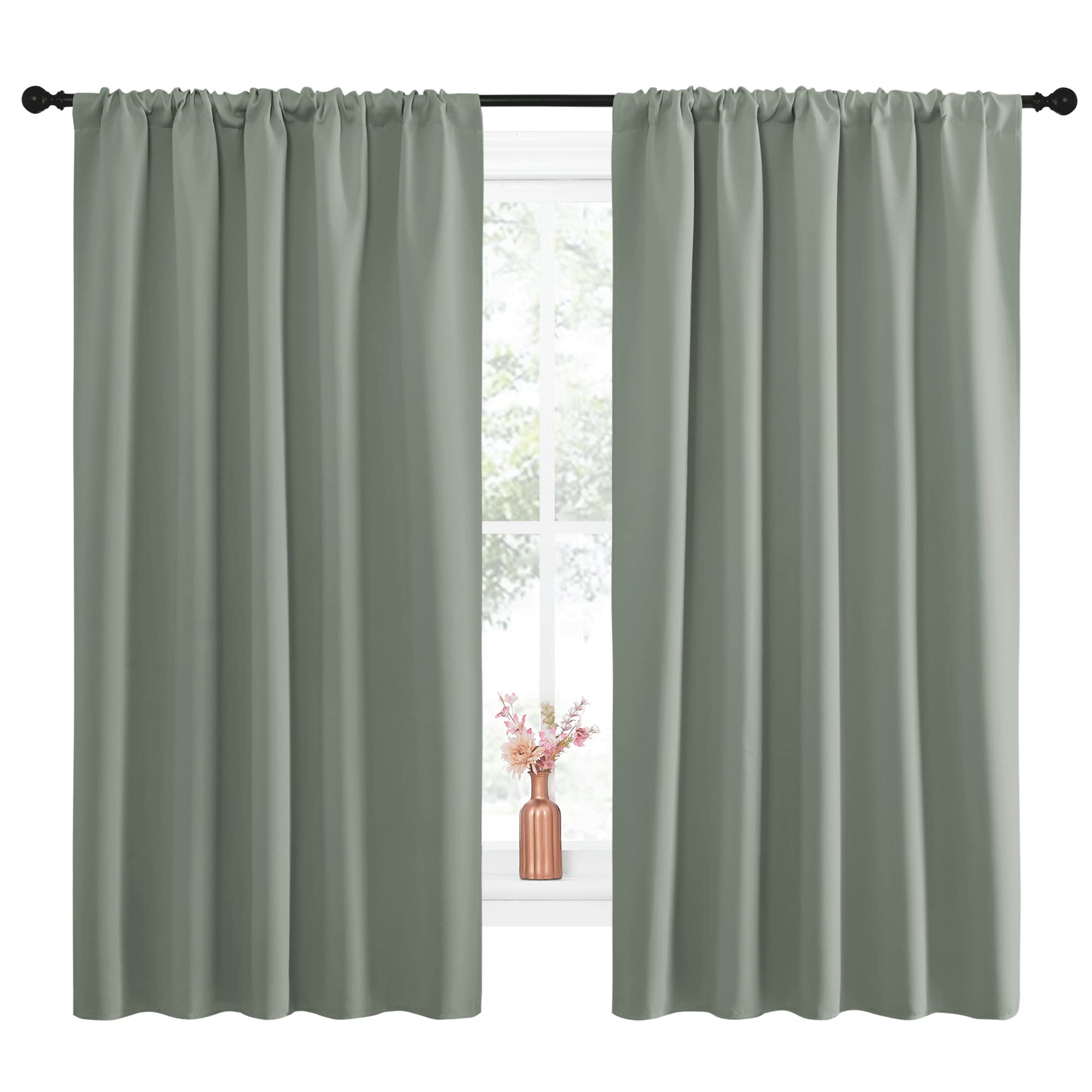 NICETOWN Window Curtains Blackout Drapes - Thermal Insulated Solid Rod Pocket Blackout Curtains/Draperies for Living Room (Greyish Green, One Pair, 52 by 63-Inch)