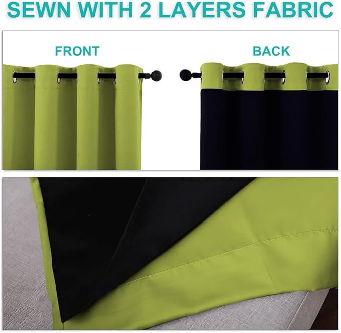 NICETOWN 100% Blackout Curtains for Windows, Pack of 2, 70" W x 108" L, Fresh Green, Super Heavy-Duty Black Lined Total Darkness Drapes for Bedroom, Privacy Assured Window Treatment for Patio