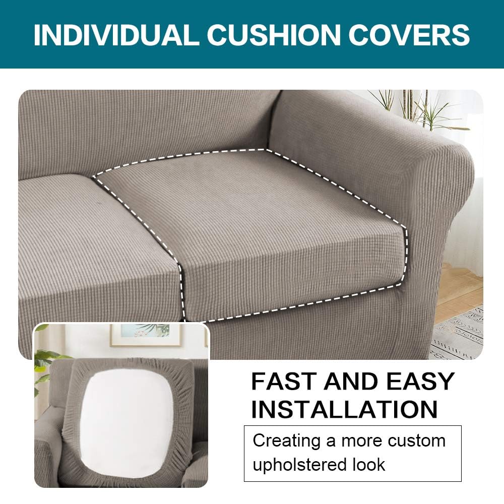 Turquoize 4 Piece Couch Covers for 3 Cushion Couch Sofa Pet Friendly Stretch Couch Cover for Dogs Washable Sofa Covers with Individual Couch Cushion Covers, Jacquard Fabric (3 Cushion Sofa, Taupe)