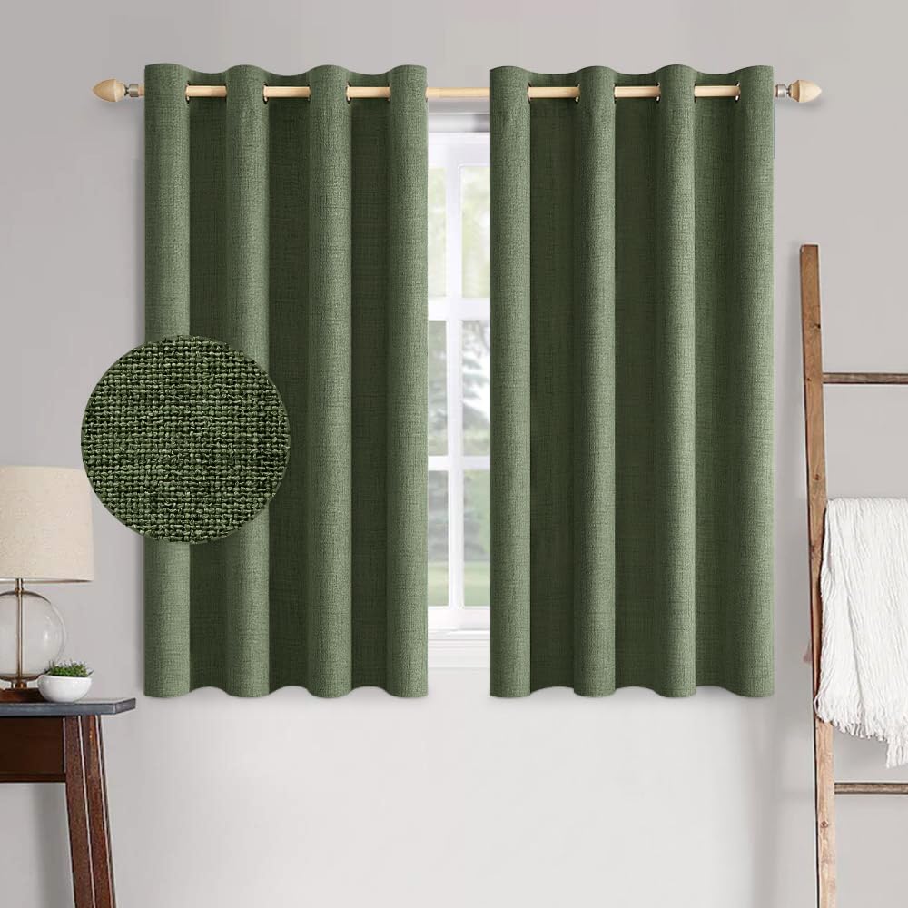 MIULEE 100% Blackout Linen Curtains for Bedroom 52x45 Inches Olive Green