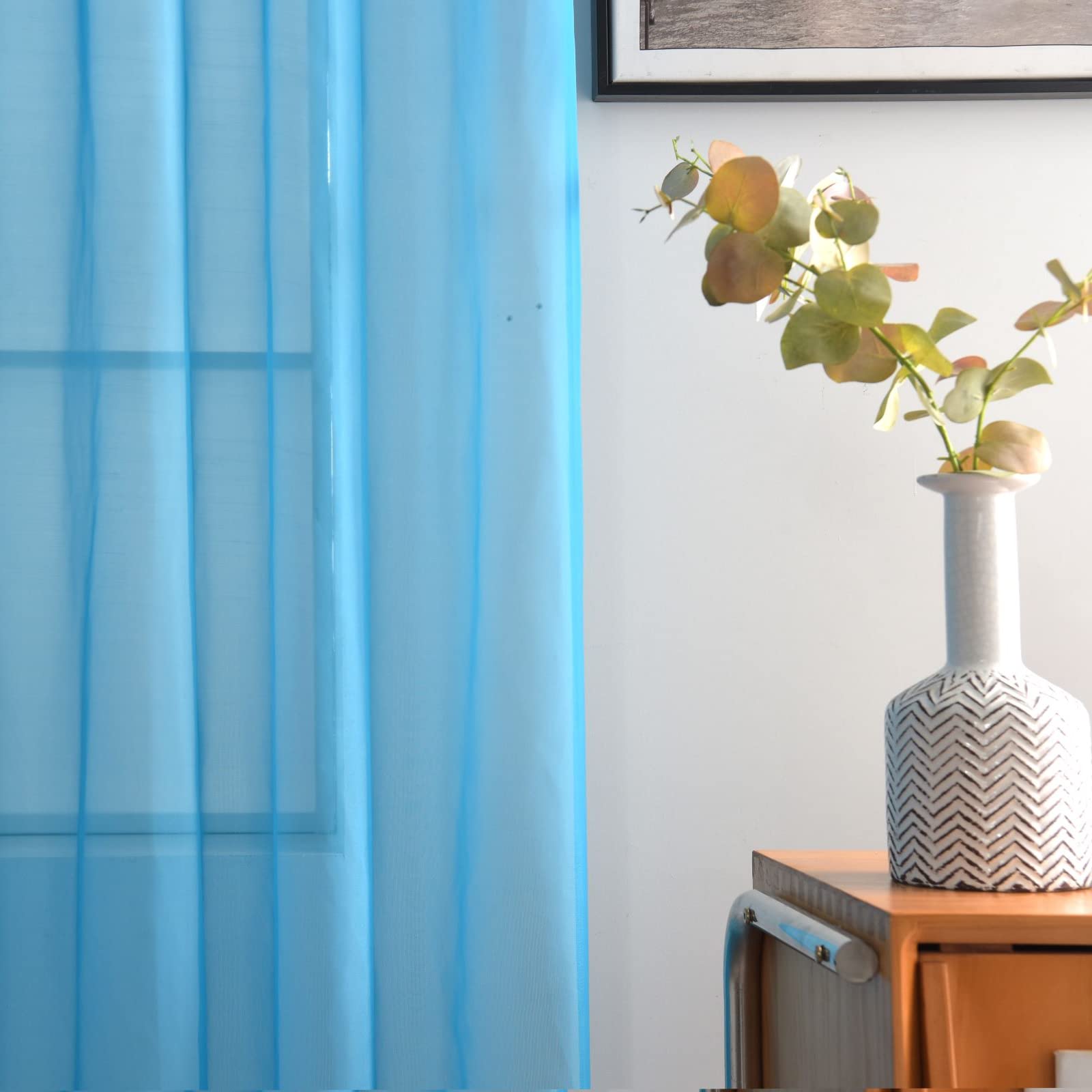 SpaceDresser Sheer Voile Window Treatment Rod Pocket Curtain Panels for Kitchen Bedroom Living Room Drapes Sunlight Filtering Privacy Semi Home Decor Assorted Colors Sizes (Cyan Blue, 52 W x 54 L)