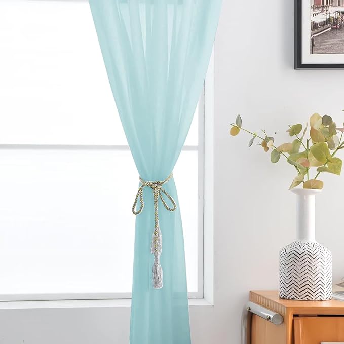 SpaceDresser Basic Rod Pocket Sheer Voile Window Curtain Panels Sky Blue 1 Pair 2 Panels 52 Width 84 Inch Long for Kitchen Bedroom Children Living Room Yard（Sky Blue, 52W x 84L）