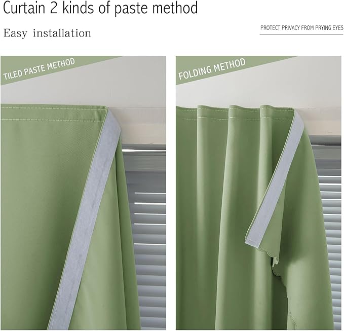 Magic Tape Blackout Curtains for Bedroom No Drillng Self Adhesive Curtains No Rod Small Window, 47" W X 59" L, Sage Green, 1 Panel