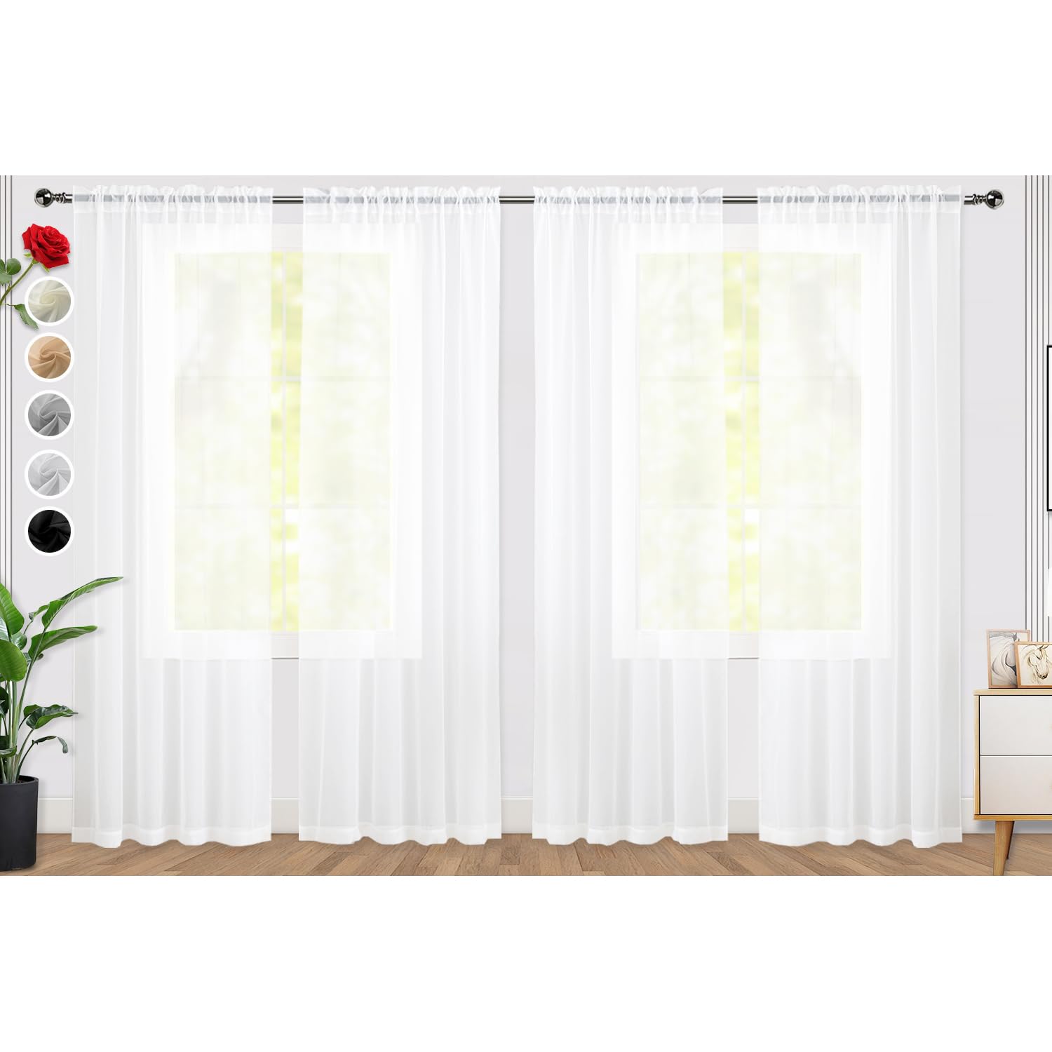 SpaceDresser Sheer White Curtains 4 Panels Rod Pocket Semi-Sheer Curtain 84 Inches Long Light Filtering Voile Window Drapes for Bedroom Living Room Kitchen, Each 52W x 84L