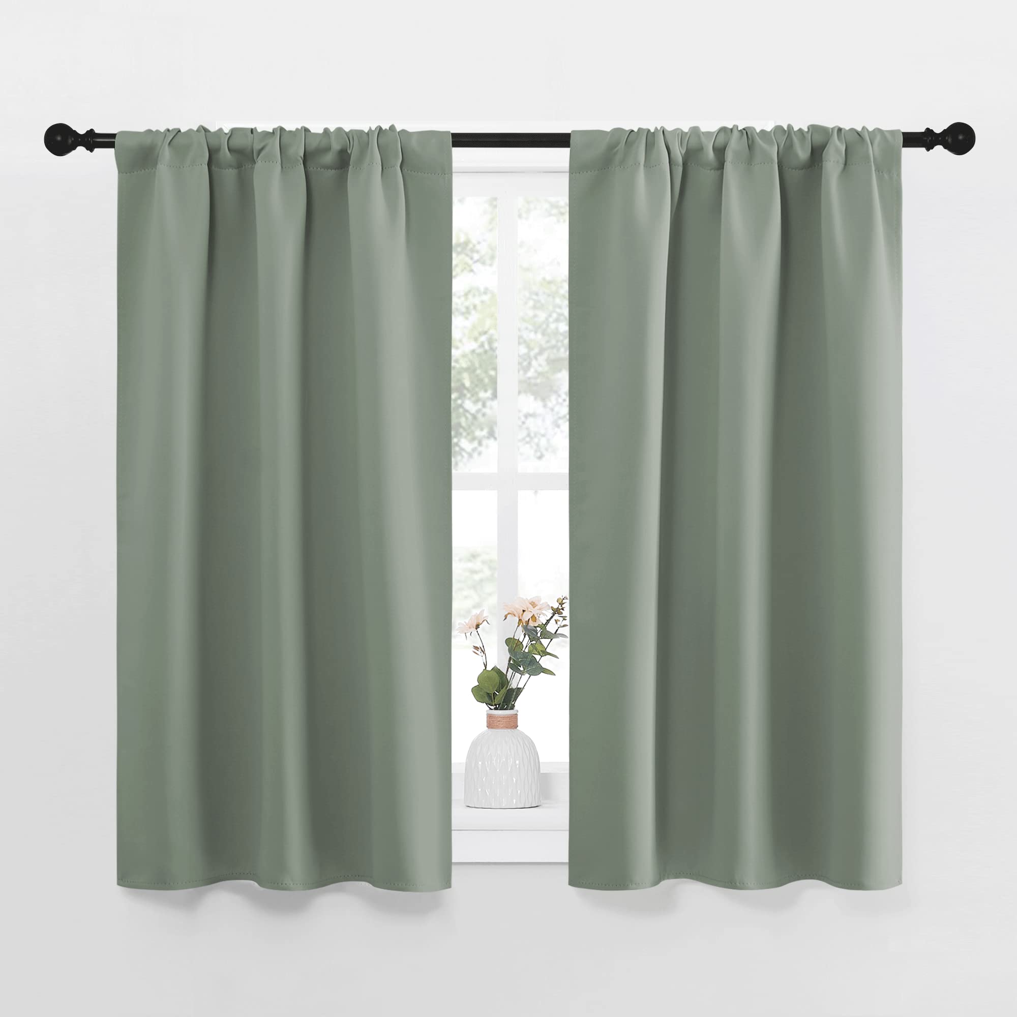 NICETOWN Window Curtains Blackout Drapes - Thermal Insulated Solid Rod Pocket Blackout Curtains/Draperies for Living Room (Greyish Green, One Pair, 34 by 45-Inch)