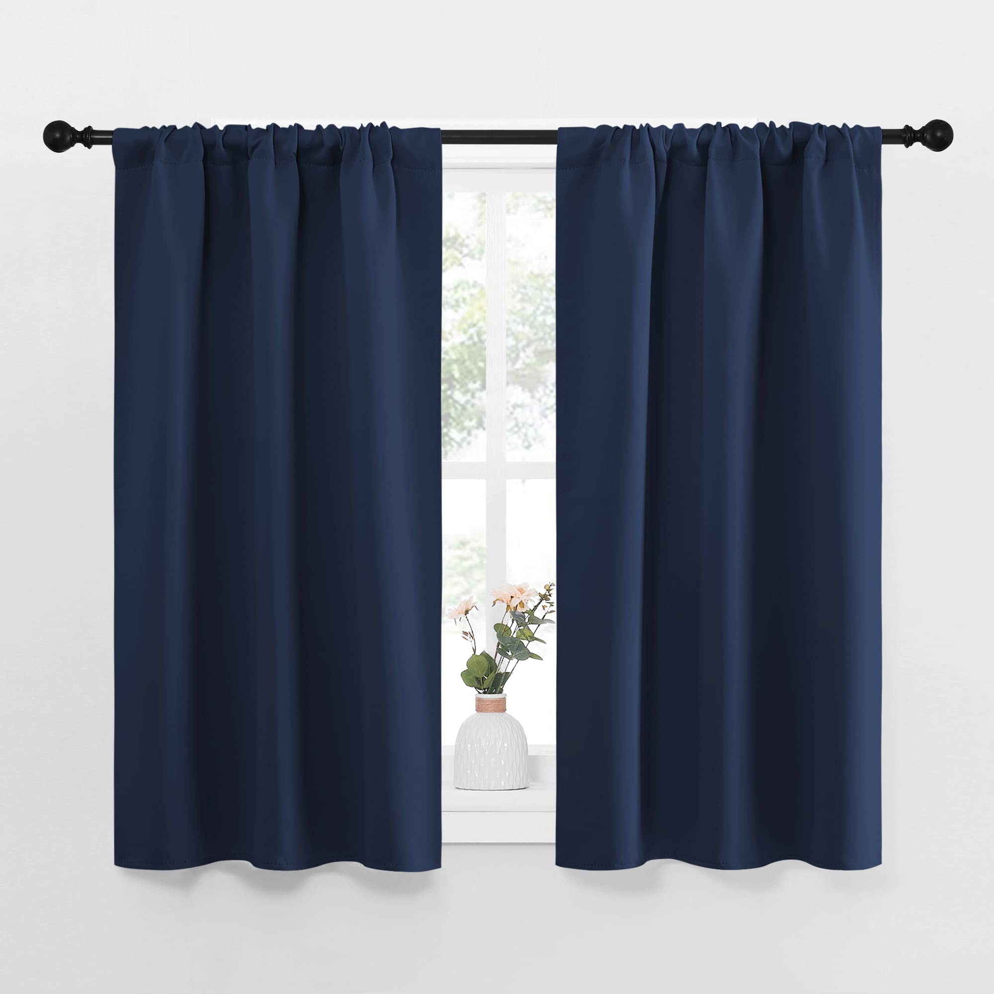NICETOWN Kitchen Curtains, Short Blackout Curtains & Drapes, Thermal Insulated Rod Pocket Window Treatment Draperies for Nursery (Navy, 29" x 40", Set of 2)