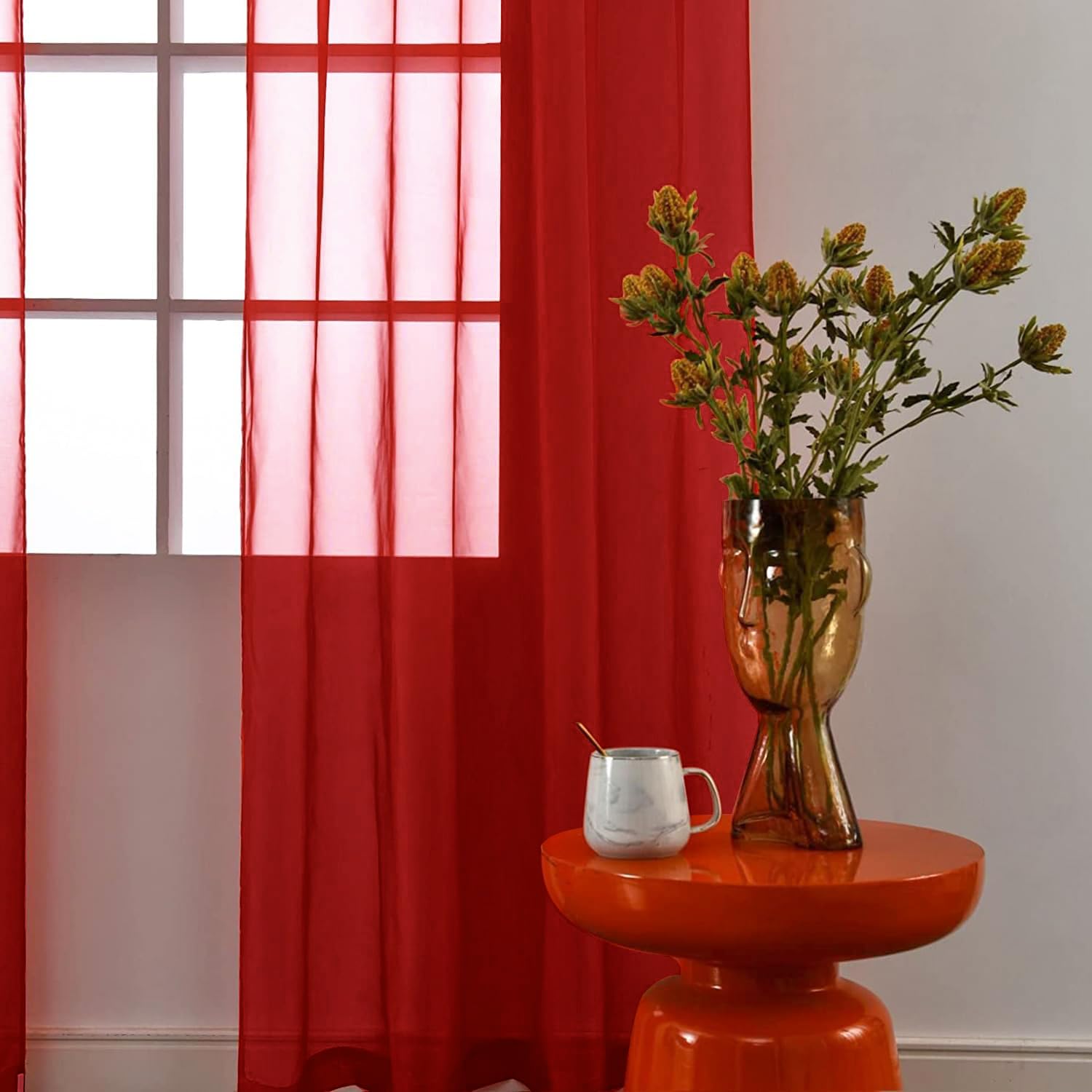 SpaceDresser Sheer Voile Window Treatment Rod Pocket Curtain Panels for Kitchen Bedroom Living Room Drapes Sunlight Filtering Privacy Semi Home Decor Assorted Colors Sizes (Christmas Red, 52 W x 90 L)