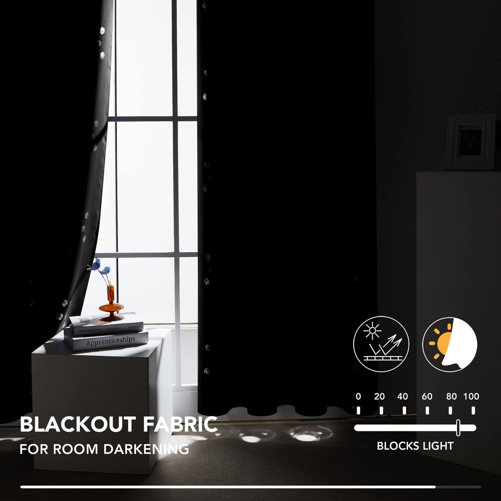 Deconovo Blackout Curtains, Black Thermal Insulated Grommet Drapes, Silver Cubic Foil Print, Energy Saving Curtains, 52" W x 95" L, 2 Panels, for Bedroom Living Room Patio Door