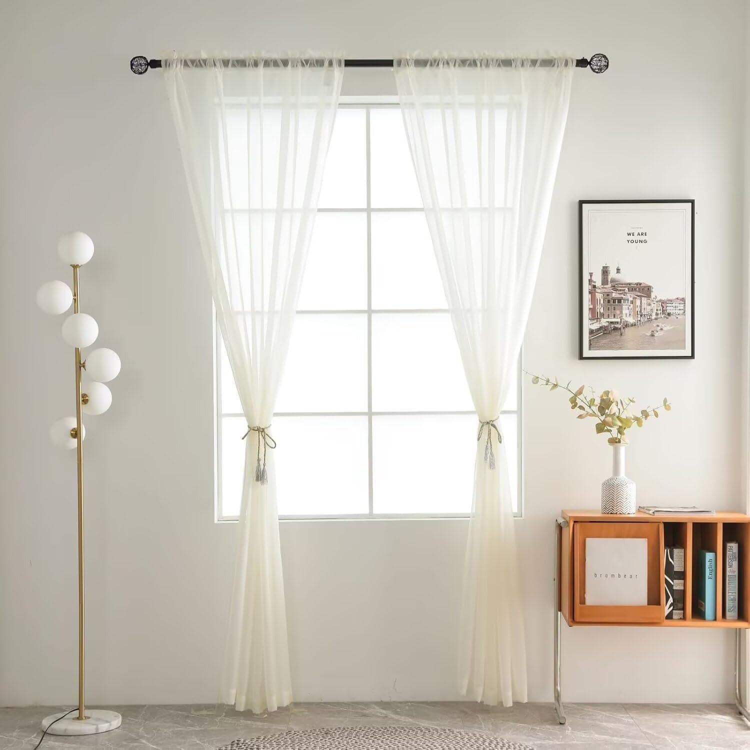 SpaceDresser Basic Rod Pocket Sheer Voile Window Curtain Panels Ivory 1 Pair 2 Panels 52 Width 36 Inch Long for Kitchen Bedroom Children Living Room Yard（Ivory, 52W x 36L）