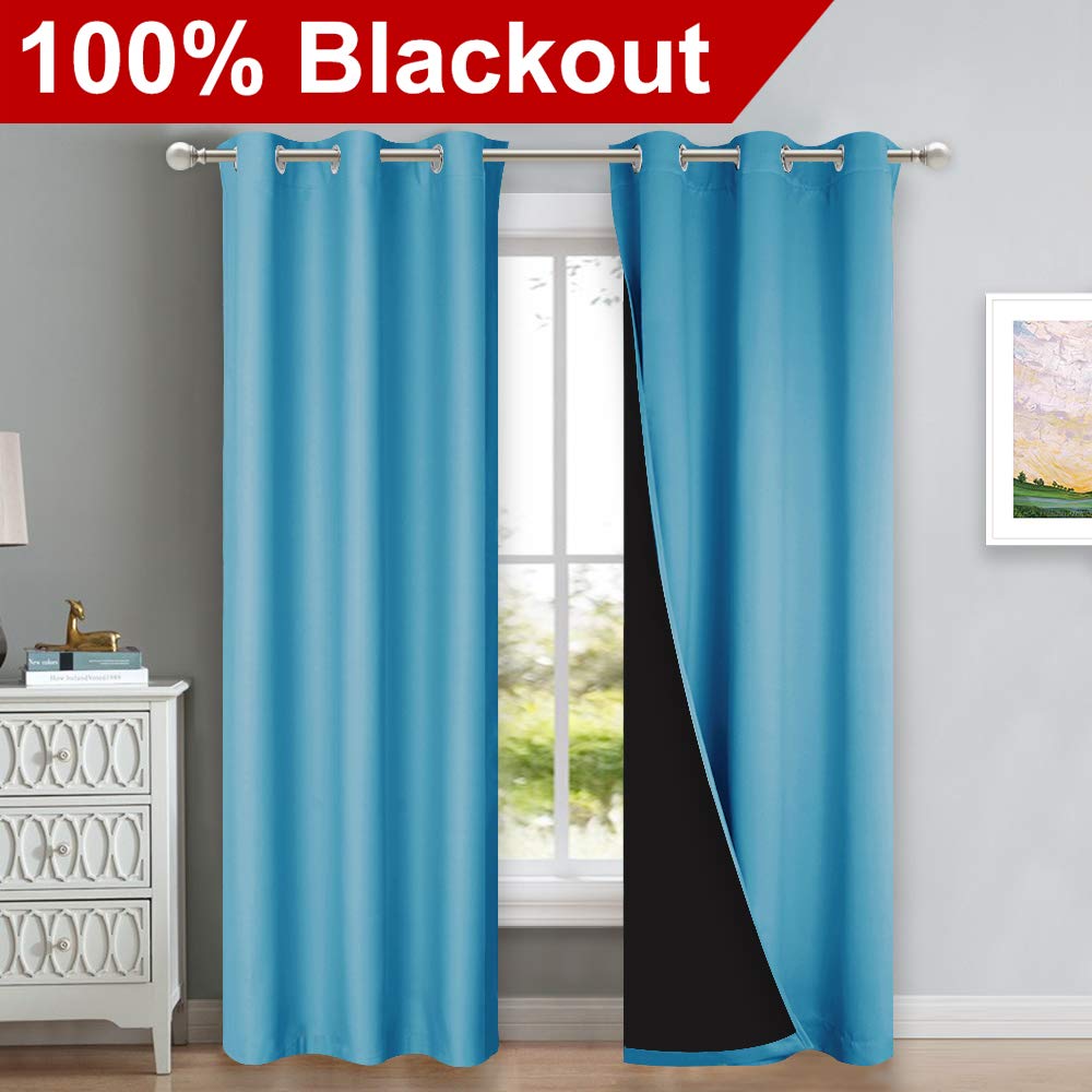NICETOWN 100% Blackout Curtains 84 inches Long, Pair of Energy Smart & Noise Blocking Out Drapes for Baby Room, Thermal Insulated Guest Room Lined Window Dressing(Teal Blue, 42 inches Wide)