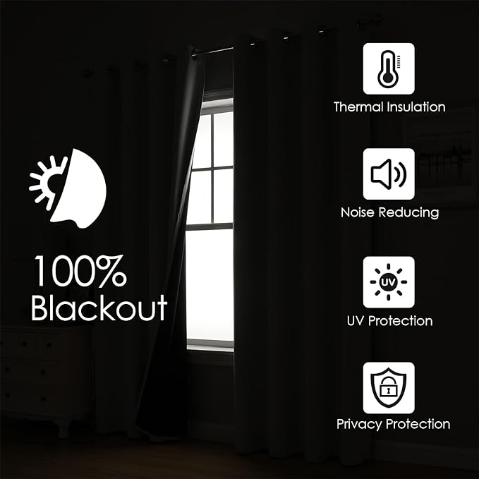 ChrisDowa 100% Blackout Curtains for Bedroom 63 Inches Long 2 Panels Set