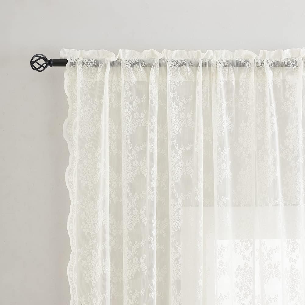 YJ YANJUN Vintage Lace Curtains 90 Inches Long for Dining Room Pair French Country Floral Sheer Curtains for Bedroom Playroom Ivory Cream Colored Boho Farmhouse Decoration 52 x 90 Off White