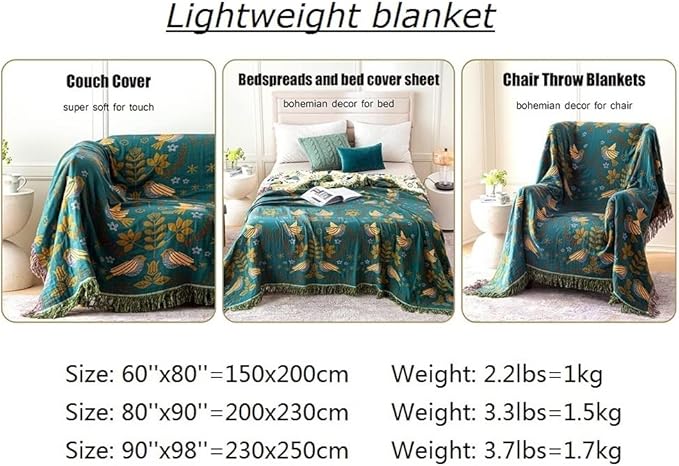 MSGKV Boho Throw Blanket 60"x80" 100% Cotton Bird Quilt for Bed & Couch