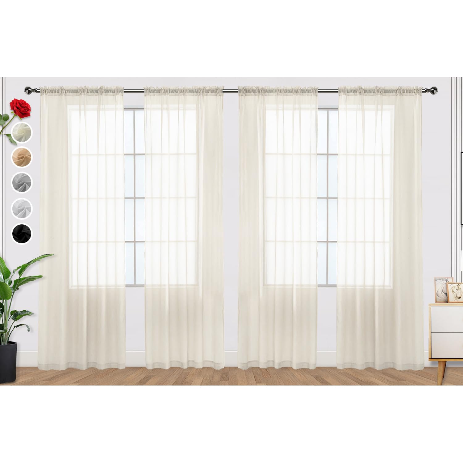 SpaceDresser Ivory Sheer Curtains 4 Panels Rod Pocket Semi-Sheer Curtain 63 Inches Long Light Filtering Voile Window Drapes for Bedroom Living Room Kitchen, Each 52W x 63L