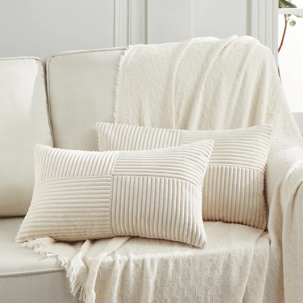 Fancy Homi 2 Packs Teal Lumbar Decorative Throw Pillow Covers 14x24 Inch for Living Room Couch Bed Sofa, Rustic Farmhouse Boho Home Decor, Soft Striped Corduroy Rectangle Accent Cushion Case 35x60 cm