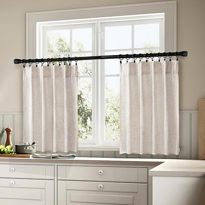 MIULEE Natural Linen White Kitchen Curtain 30 Inch Long 2 Panels Farmhouse