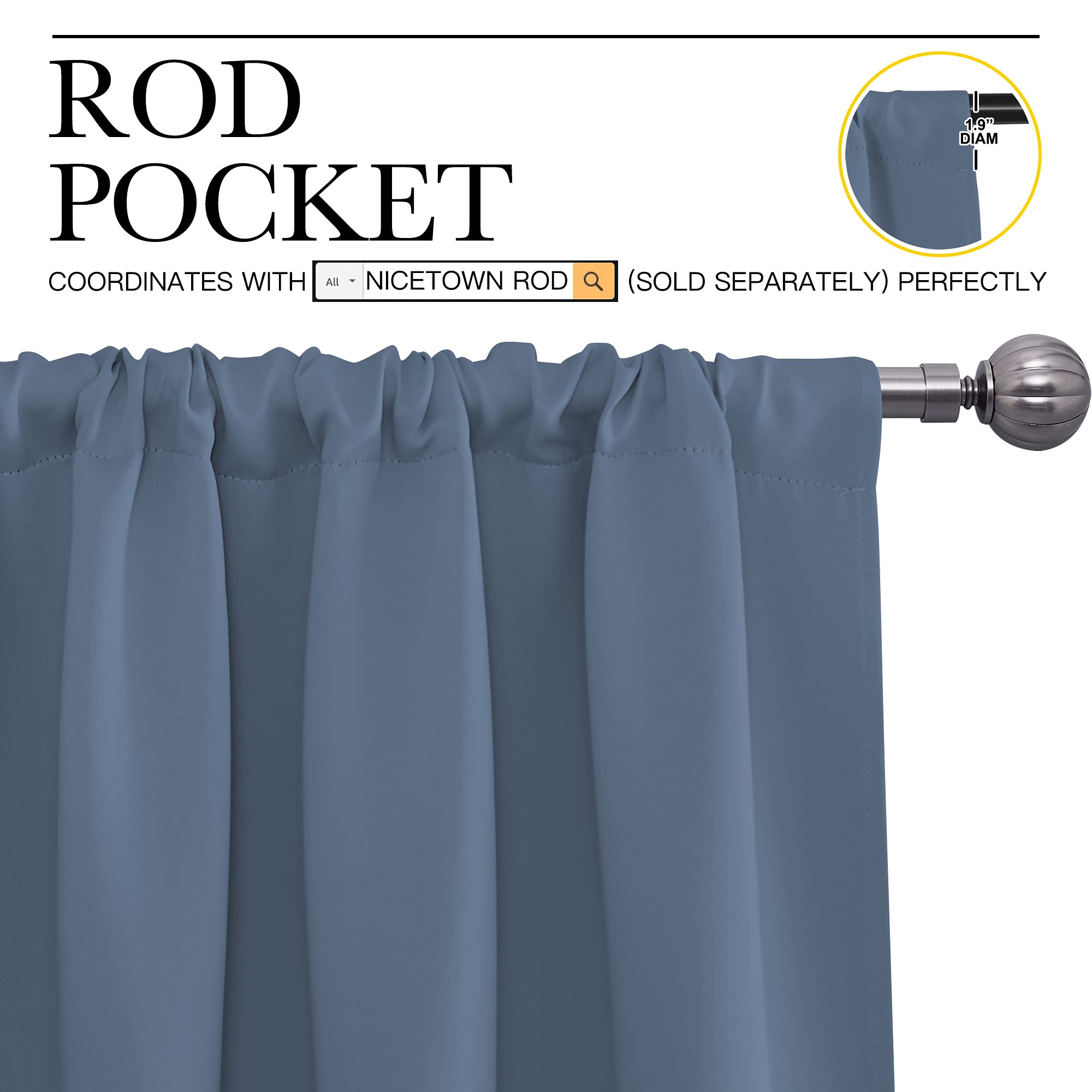 NICETOWN Bedroom Curtains, Home Decoration Solid Thermal Insulated Draperies & Drapes, Blackout Window Curtains for Kitchen (Stone Blue, 2 Panels, 34 in x 63 in (W x L))