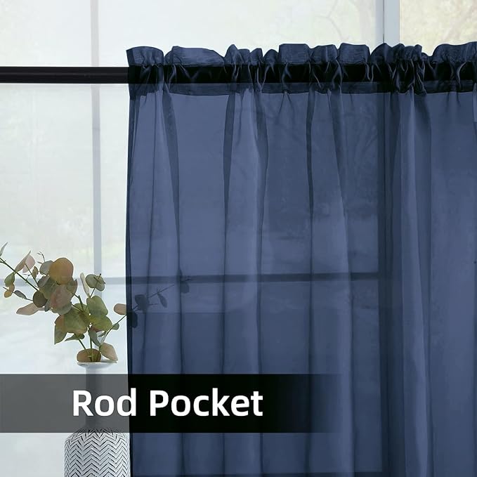 SpaceDresser Sheer Voile Window Treatment Rod Pocket Curtain Panels for Kitchen Bedroom Living Room Drapes Sunlight Filtering Privacy Semi Home Decor Assorted Colors Sizes (Navy, 52 W x 90 L)