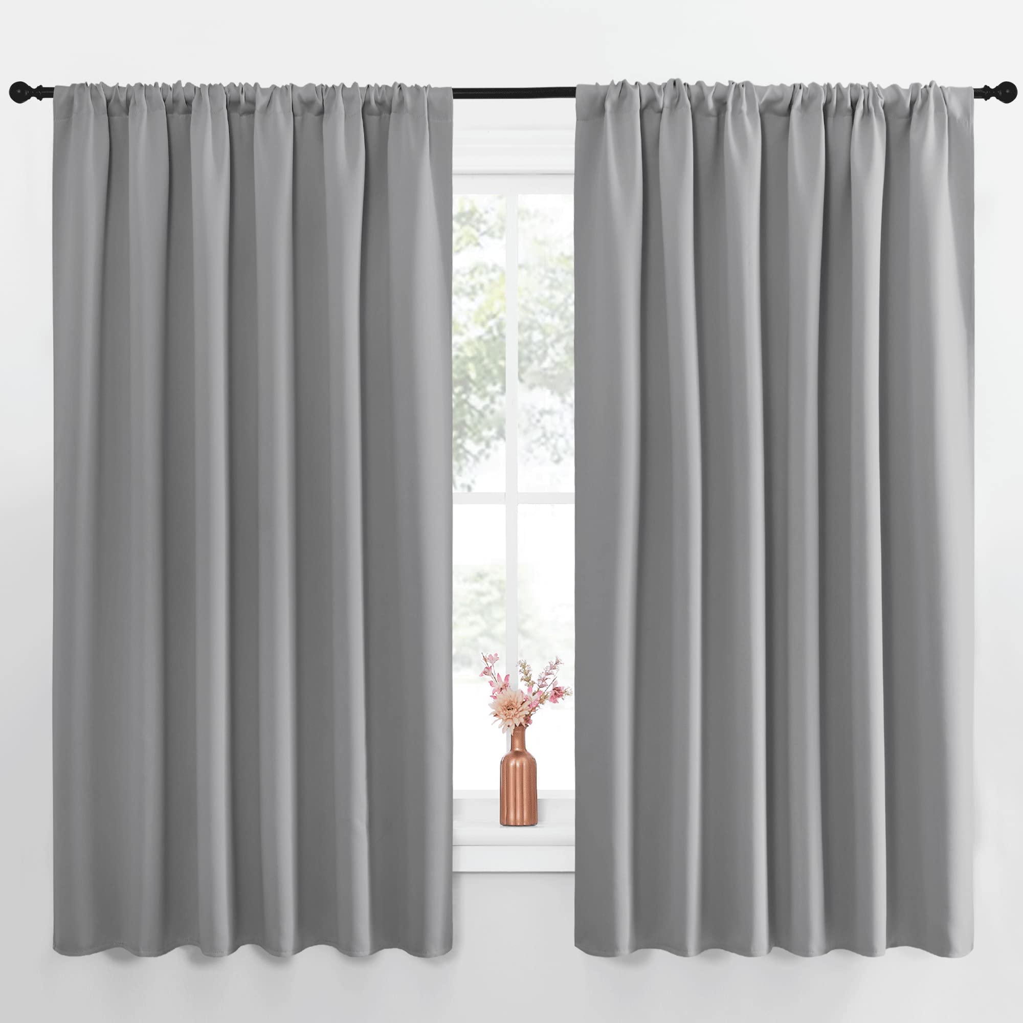 NICETOWN Short Curtains for Small Window - Thermal Insulated Rod Pocket Blackout Drapes/Draperies for Dining Room (2 Panels, W70 x L63 inches, Silver Grey)