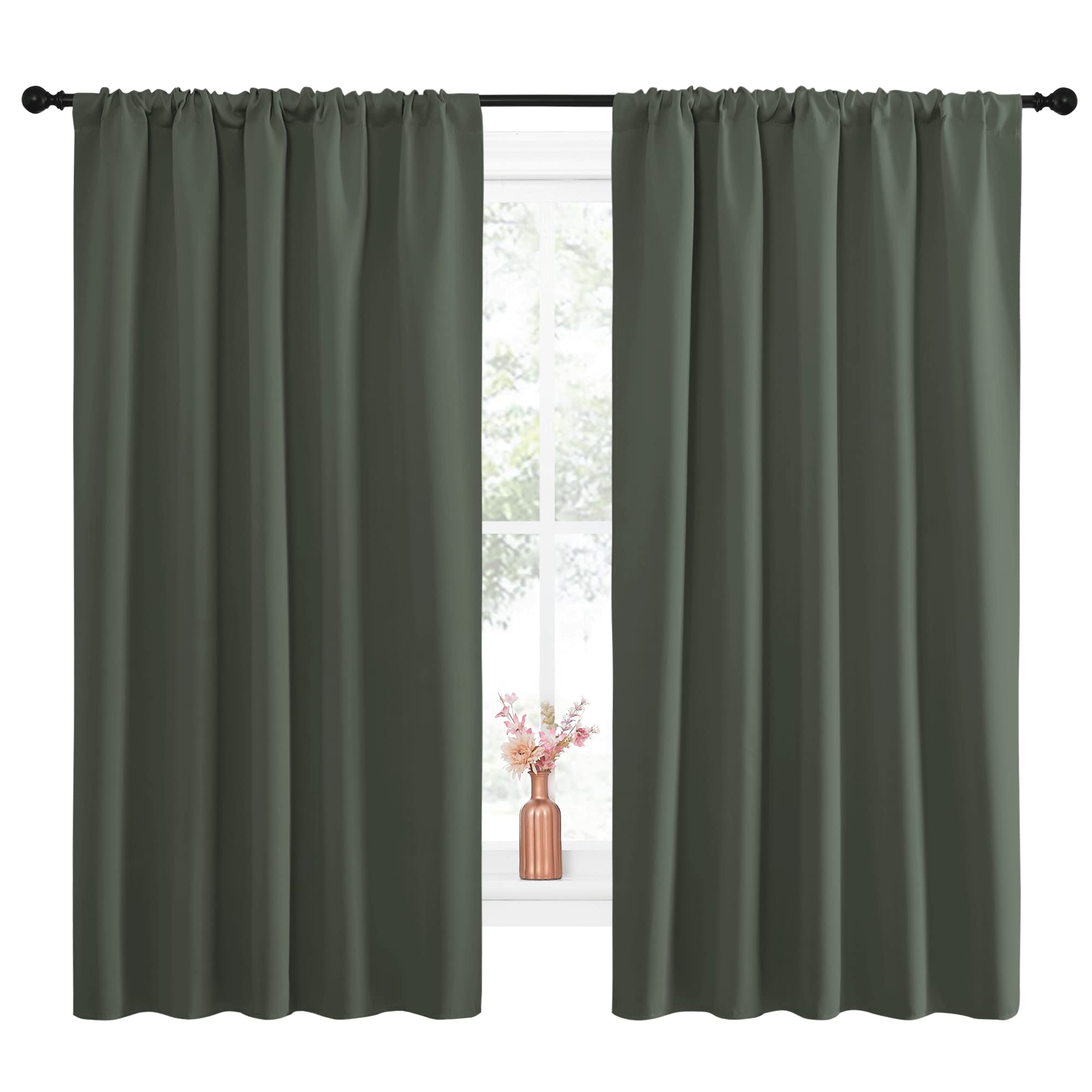 NICETOWN Bedroom Curtains Blackout Draperies - All Season Thermal Insulated Solid Rod Pocket Top Blackout Curtains/Drapes for Kid's Room (Dark Mallard, 1 Pair, 52 x 63 Inch)