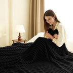 HIMEET Black Ribbed Twin Blanket for Bed - 300GSM Lightweight Soft Fleece Blanket for Men Women, Cozy Blankets Graduation Birthday Gifts, Striped Spring Home School Dorm Decor, Black, 60x80 Inches