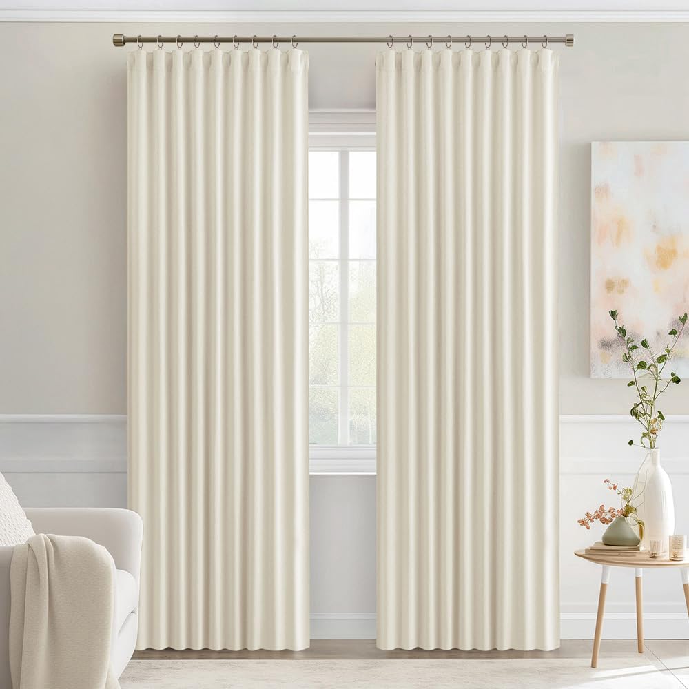 MIULEE Beige White Back Tab Blackout Curtains 52x72 Inches Long 2 Panel Set