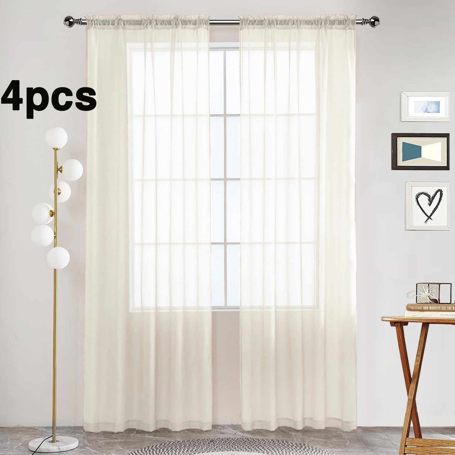 SpaceDresser Ivory Sheer Curtains 4 Panels Rod Pocket Semi-Sheer Curtain 63 Inches Long Light Filtering Voile Window Drapes for Bedroom Living Room Kitchen, Each 52W x 63L