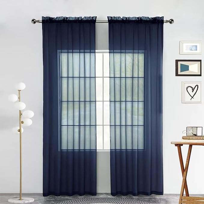 SpaceDresser Sheer Voile Window Treatment Rod Pocket Curtain Panels for Kitchen Bedroom Living Room Drapes Sunlight Filtering Privacy Semi Home Decor Assorted Colors Sizes (Navy, 52 W x 90 L)