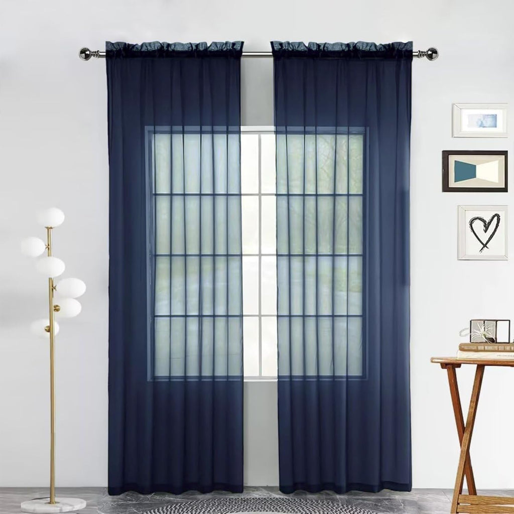 SpaceDresser Sheer Voile Window Treatment Rod Pocket Curtain Panels for Kitchen Bedroom Living Room Drapes Sunlight Filtering Privacy Semi Home Decor Assorted Colors Sizes (Navy, 52 W x 54 L)