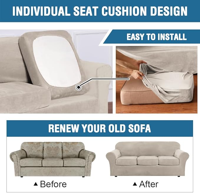 H.VERSAILTEX Rich Velvet Stretch 2 Piece Cover Chair Slipcover Sofa Cover Furniture Protector Couch Soft with Elastic Bottom Chair Couch Cover Width Up to 49 Inch (Chair, French Oak)