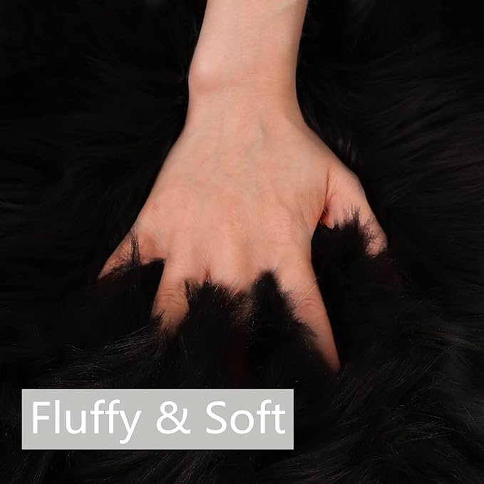 duduta Black Faux Sheepskin Fur Throw Rug 2x3 ft, Fluffy Shag Chair Cover Small Bedside Dorm Rug Non Slip Machine Washable