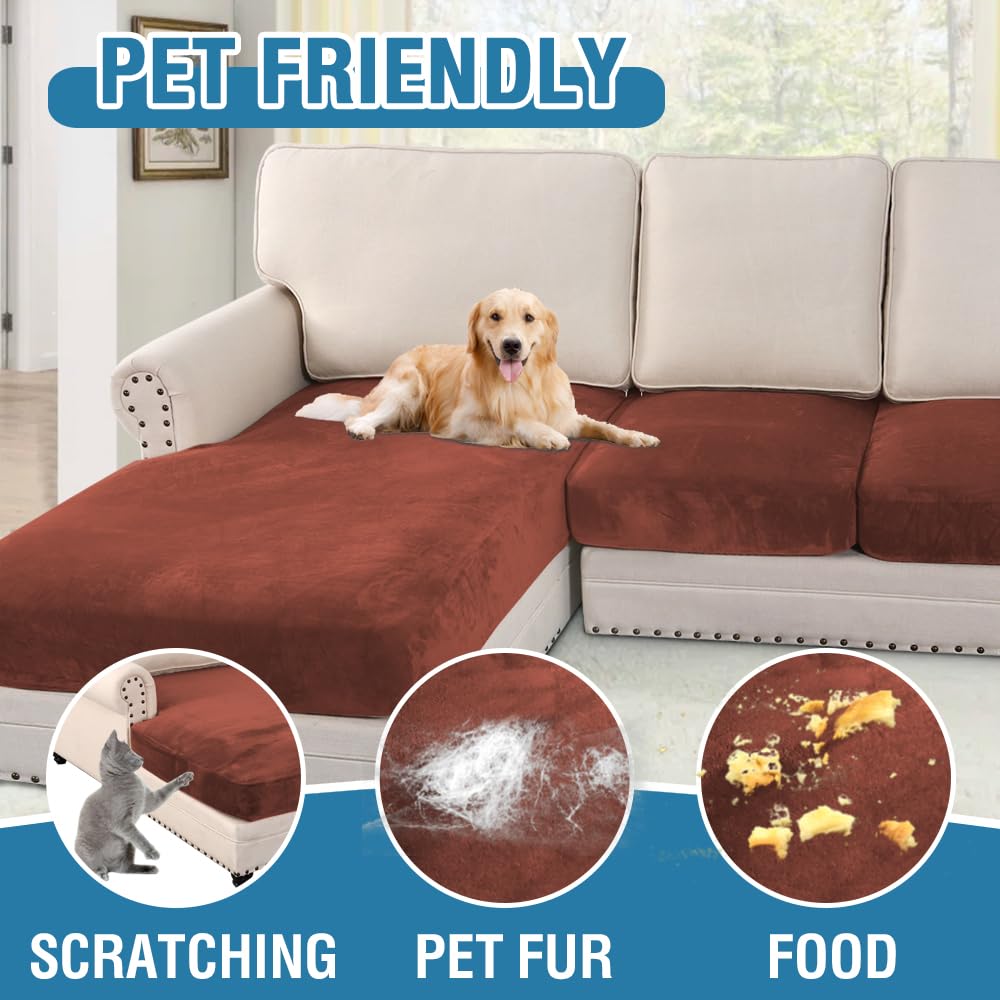 H.VERSAILTEX Velvet Stretch Sectional Couch Covers 4 Pieces Sofa Seat Cushion Covers L Shape Separate Cushion Couch Cover for Both Left/Right Sectional Couch (Large Sofa 3 Seater + 1 Chaise, Rust)