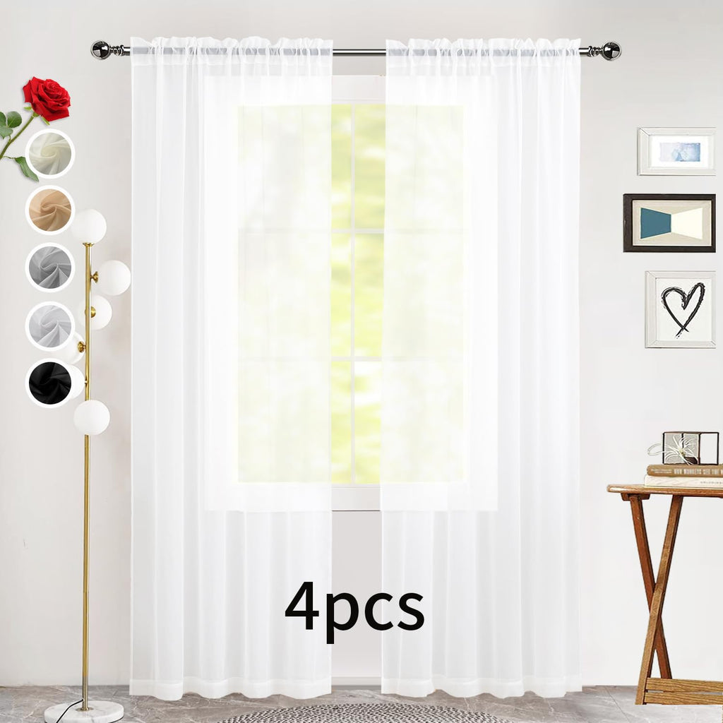 SpaceDresser Sheer White Curtains 4 Panels Rod Pocket Semi-Sheer Curtain 84 Inches Long Light Filtering Voile Window Drapes for Bedroom Living Room Kitchen, Each 52W x 84L