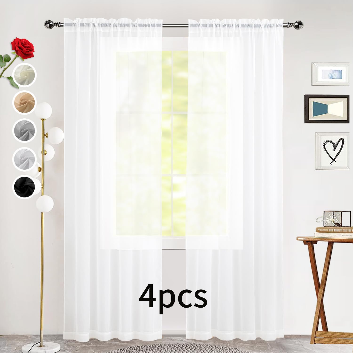 SpaceDresser Sheer White Curtains 4 Panels Rod Pocket Semi-Sheer Curtain 45 Inches Long Light Filtering Voile Window Drapes for Bedroom Living Room Kitchen, Each 52W x 45L
