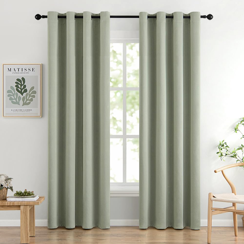MIULEE Sage Green Blackout Bedroom Curtains Drapes 90 Inch Long 52"x90"