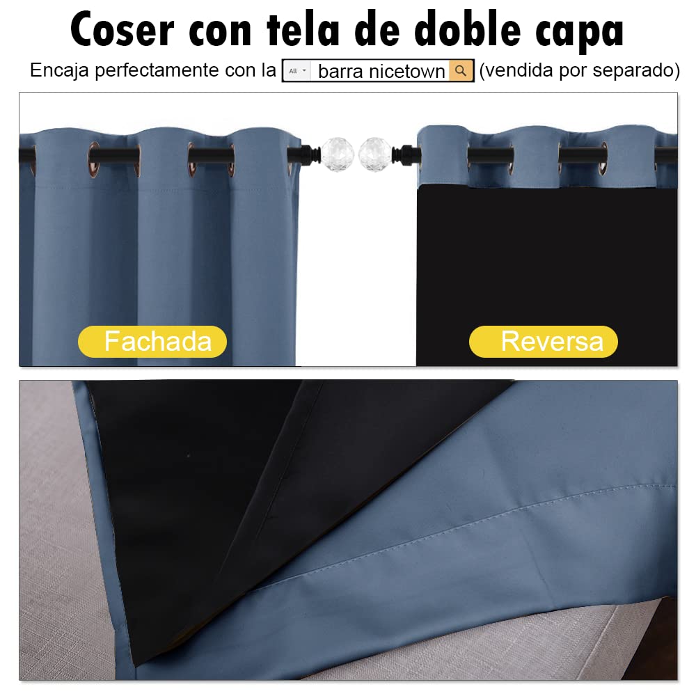 NICETOWN Cold Reducing Curtains, 100% Sun Blocking Curtains, Sound Proof Drapes with Black Backing, Full Light Blocking Panels for Patio Sliding Door (Stone Blue, 1 Pair, 55 inches x 102 inches)
